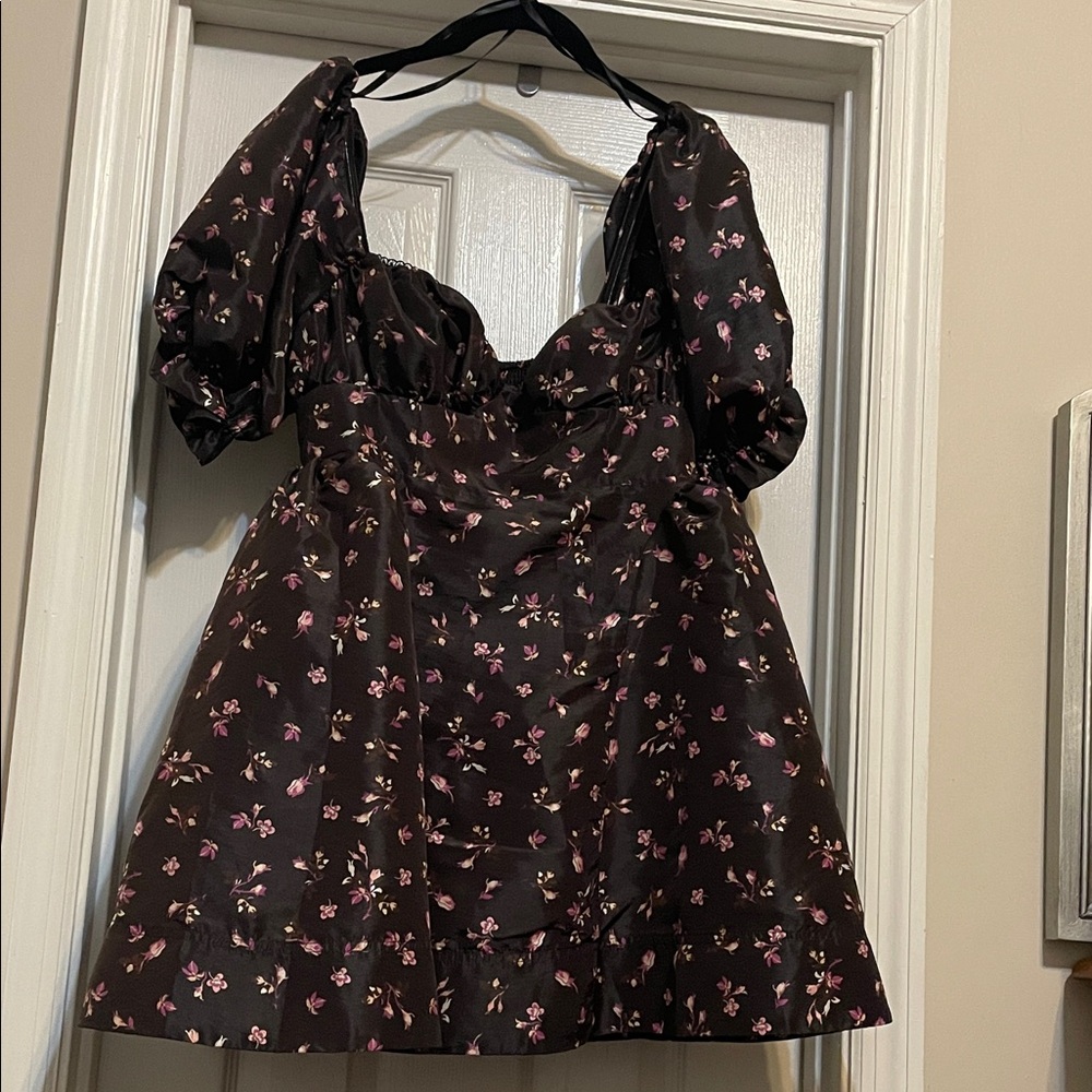 Maeve Dark Brown Dress with Pink Floral Accents